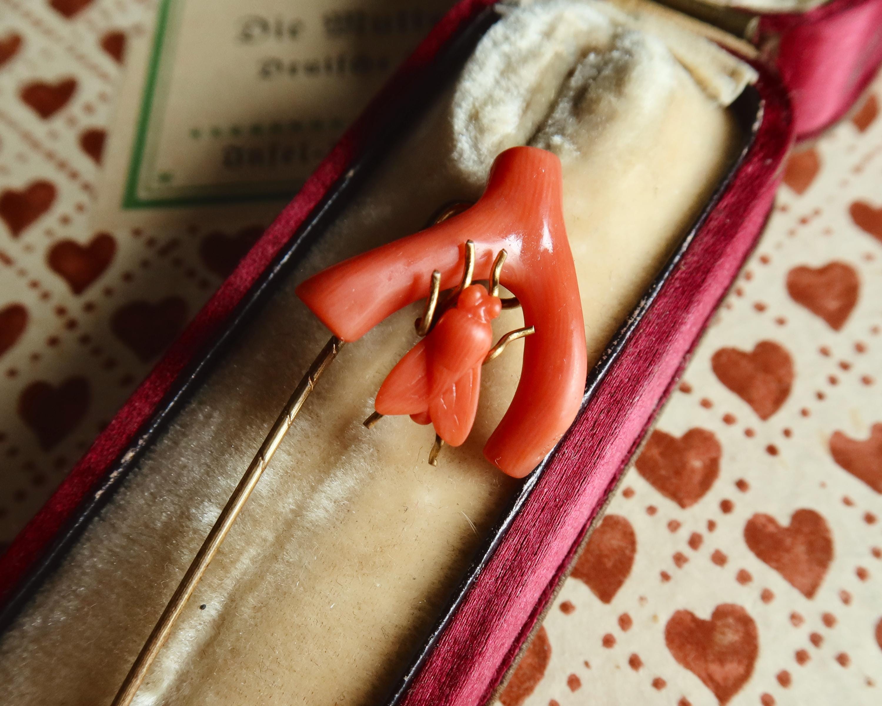 Antique Victorian Coral Fly Tie Pin, Natural Coral Insect Brooch