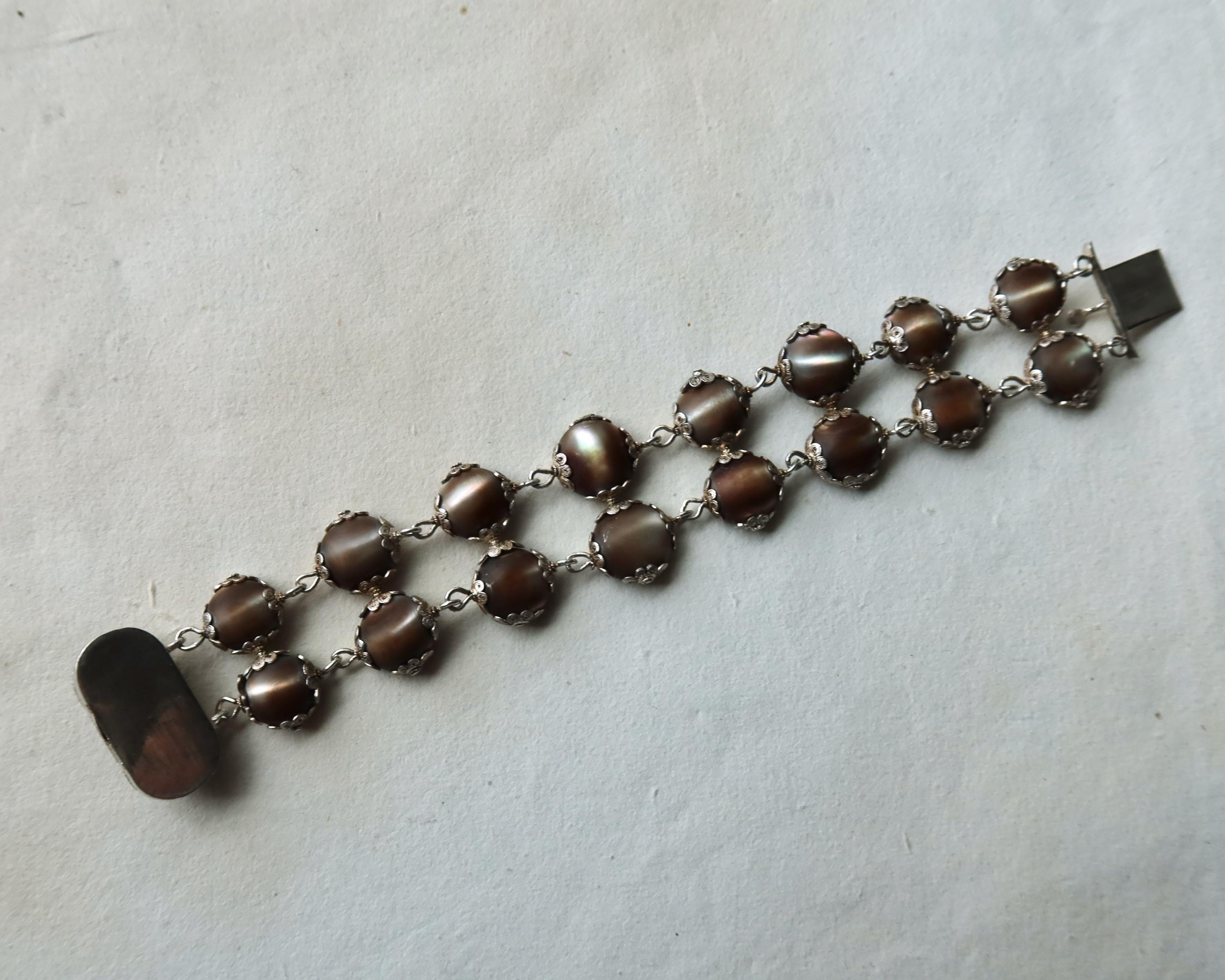 Antique Edwardian Bracelet, Black Mother-of-pearl and Silver, Early 1900s
