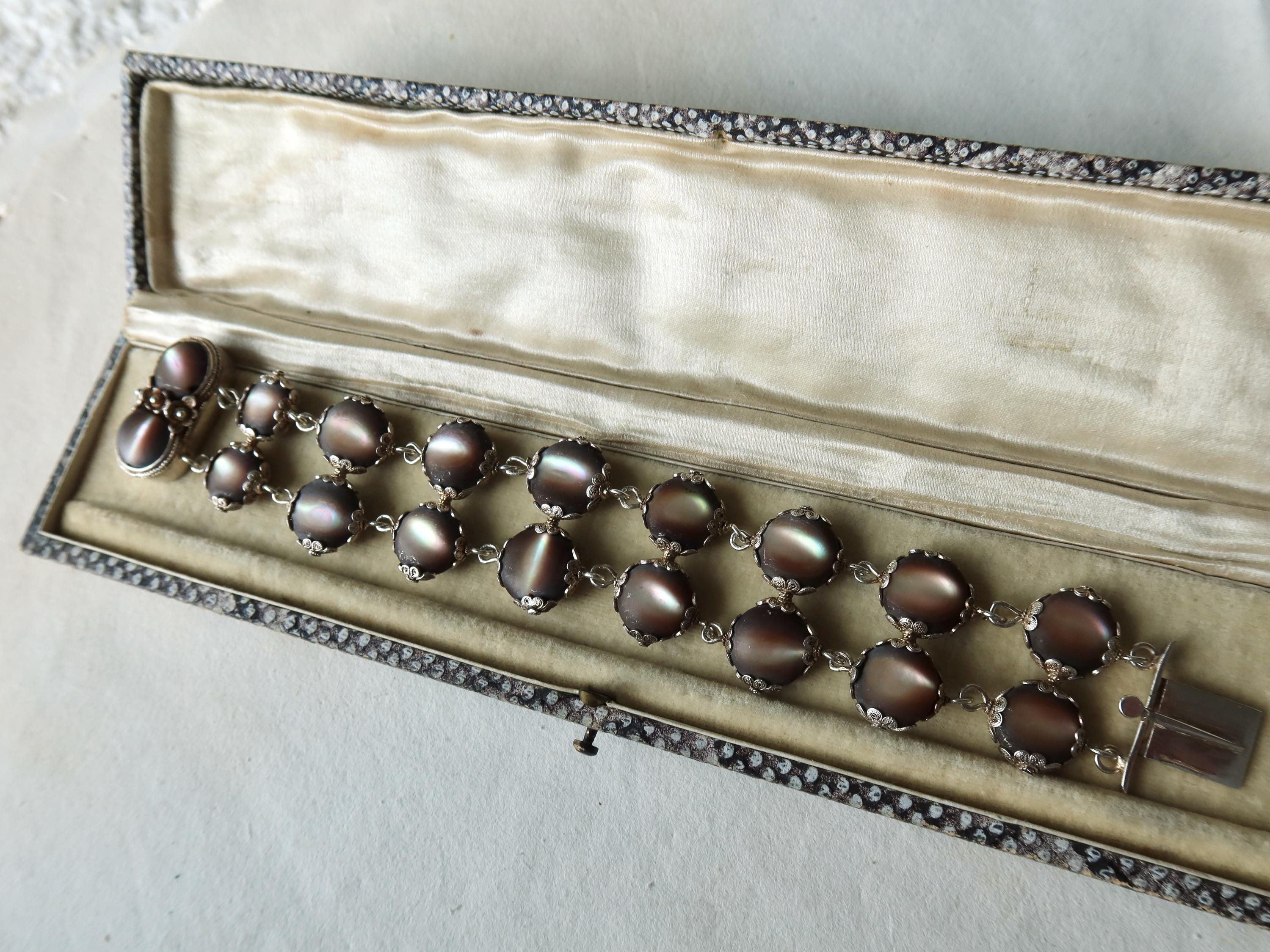 Antique Edwardian Bracelet, Black Mother-of-pearl and Silver, Early 1900s
