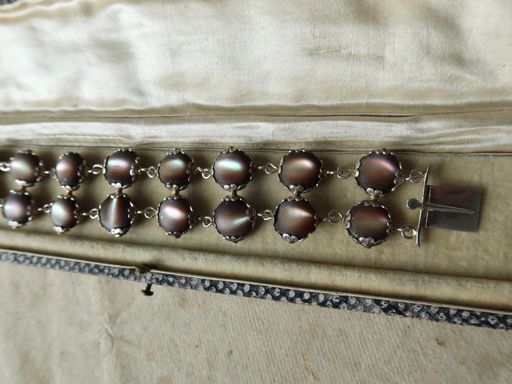Antique Edwardian Bracelet, Black Mother-of-pearl and Silver, Early 1900s