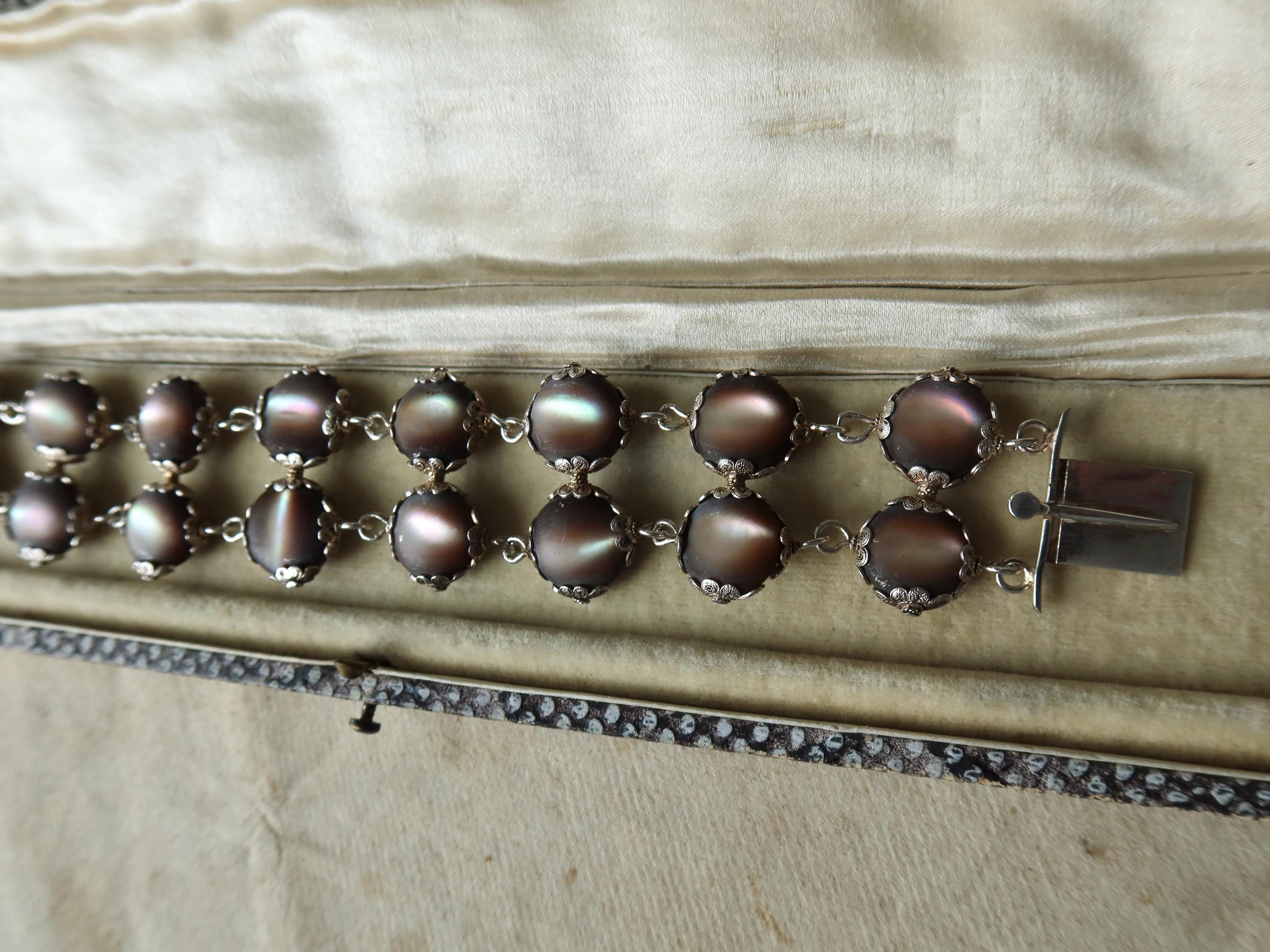 Antique Edwardian Bracelet, Black Mother-of-pearl and Silver, Early 1900s