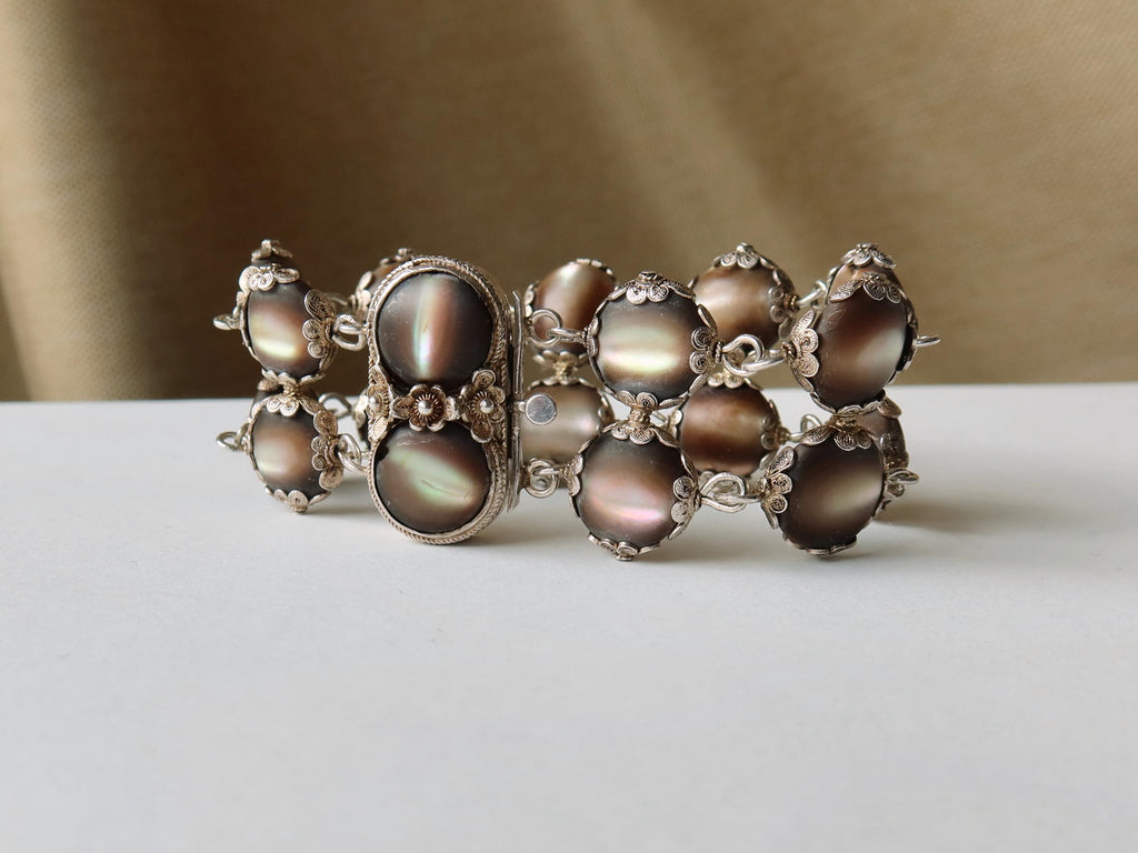 Antique Edwardian Bracelet, Black Mother-of-pearl and Silver, Early 1900s
