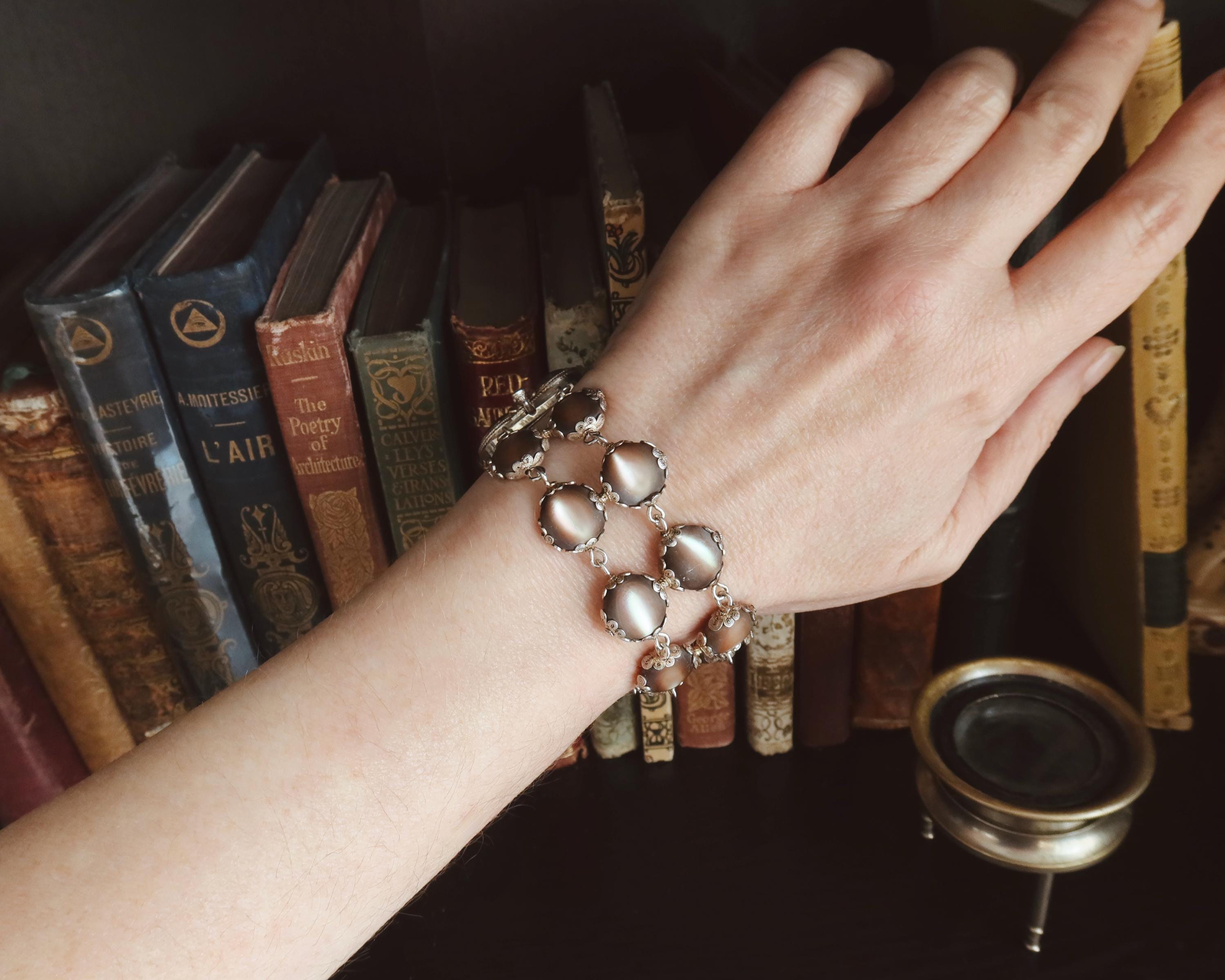 Antique Edwardian Bracelet, Black Mother-of-pearl and Silver, Early 1900s