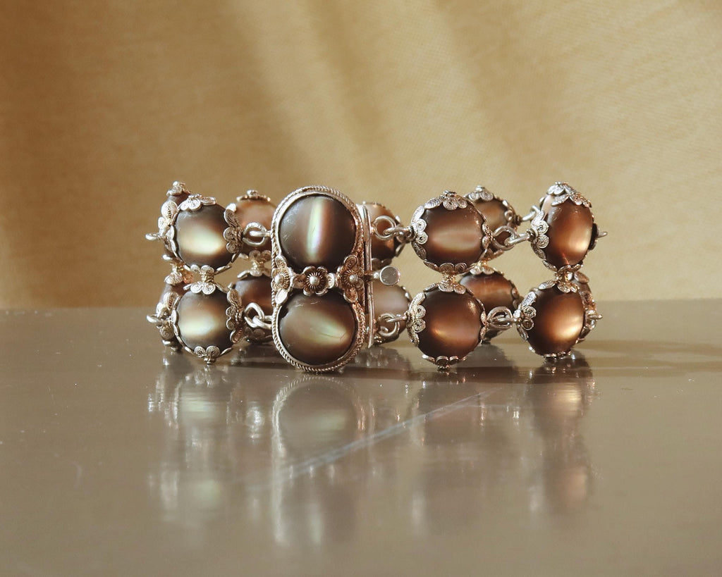 Antique Edwardian Bracelet, Black Mother-of-pearl and Silver, Early 1900s