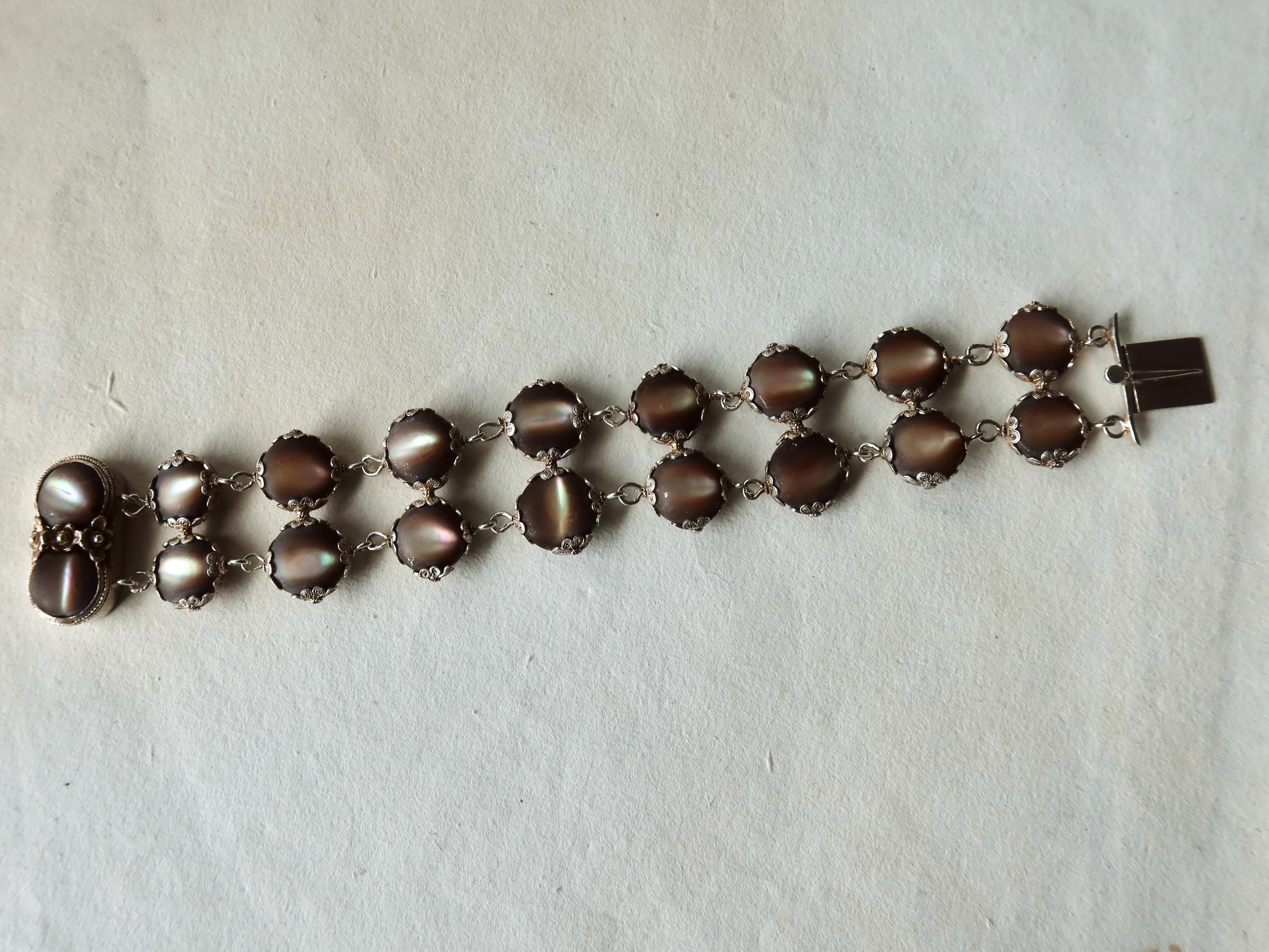 Antique Edwardian Bracelet, Black Mother-of-pearl and Silver, Early 1900s