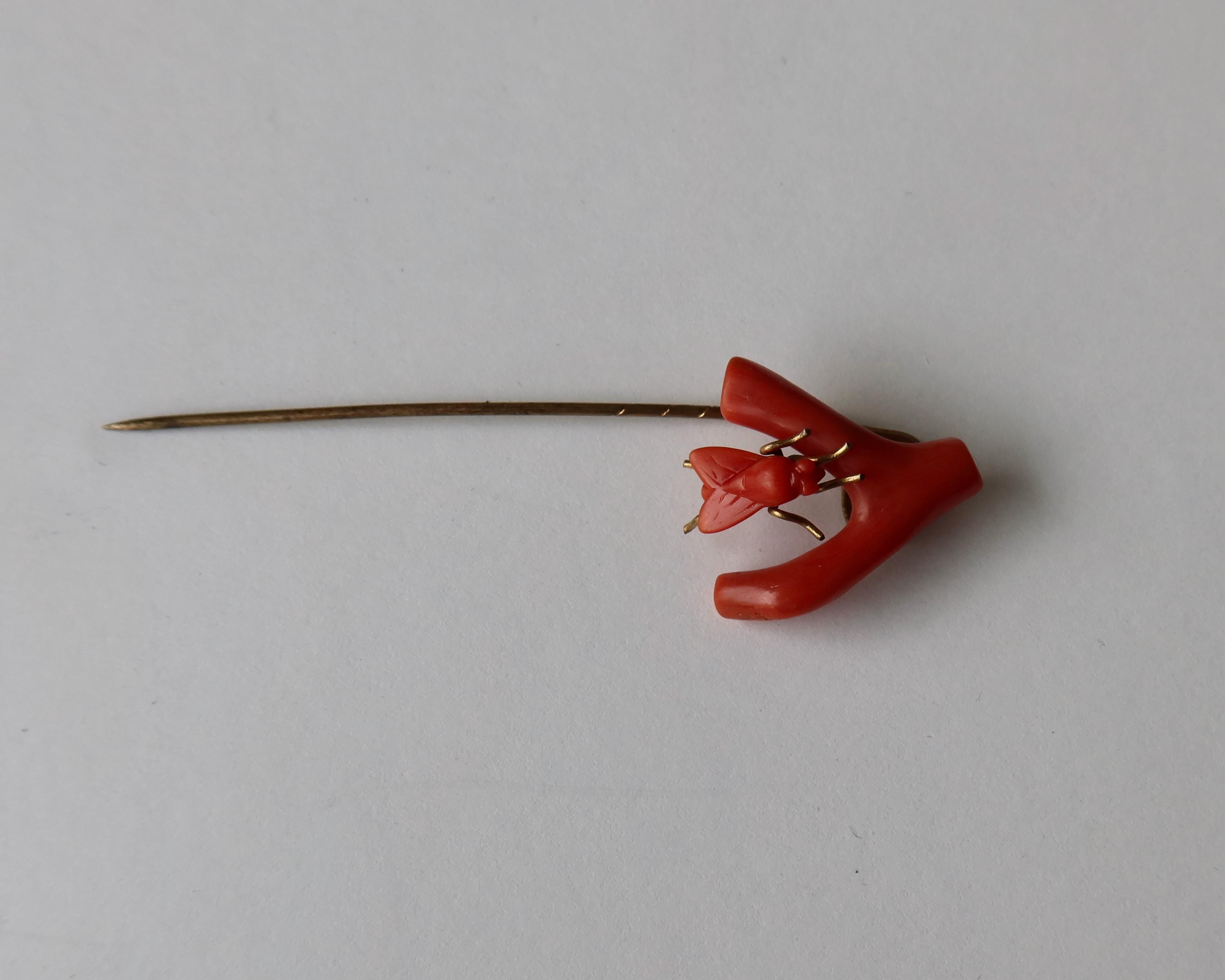 Antique Victorian Coral Fly Tie Pin, Natural Coral Insect Brooch