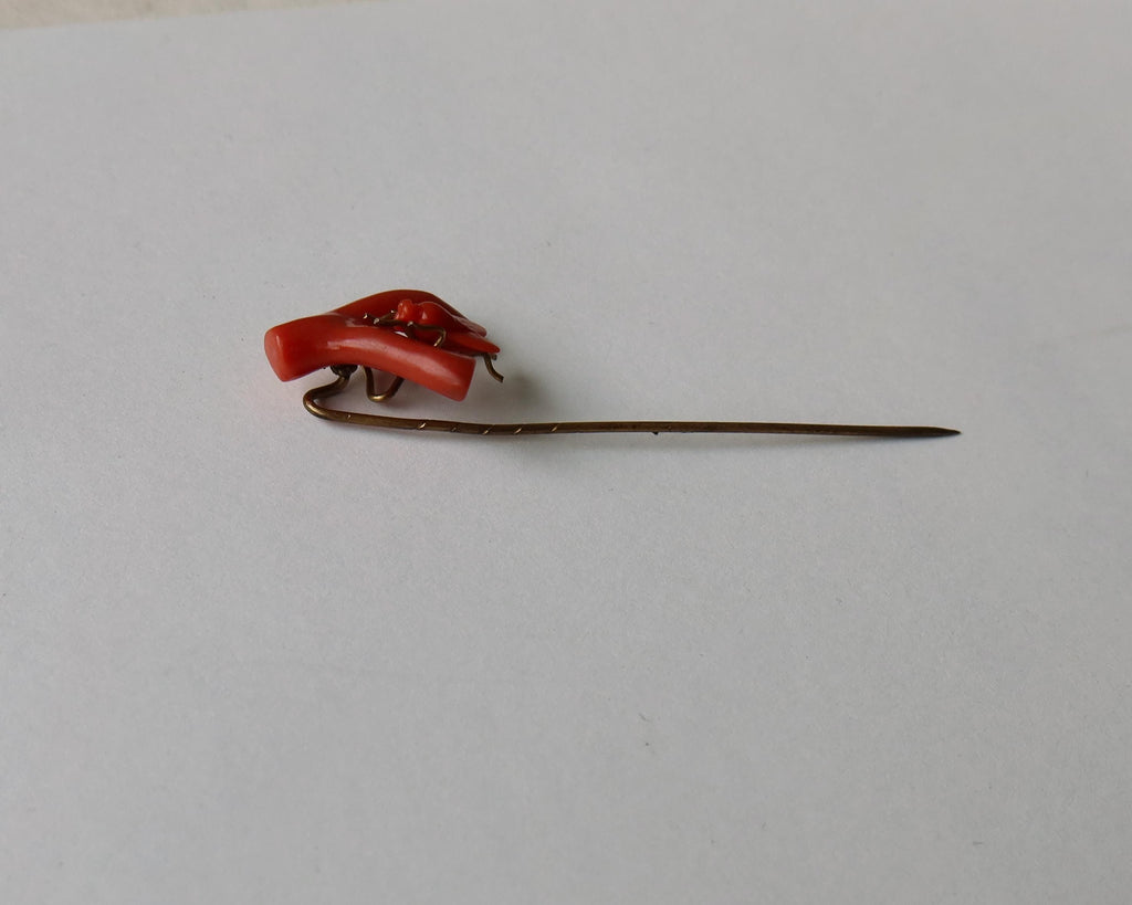 Antique Victorian Coral Fly Tie Pin, Natural Coral Insect Brooch