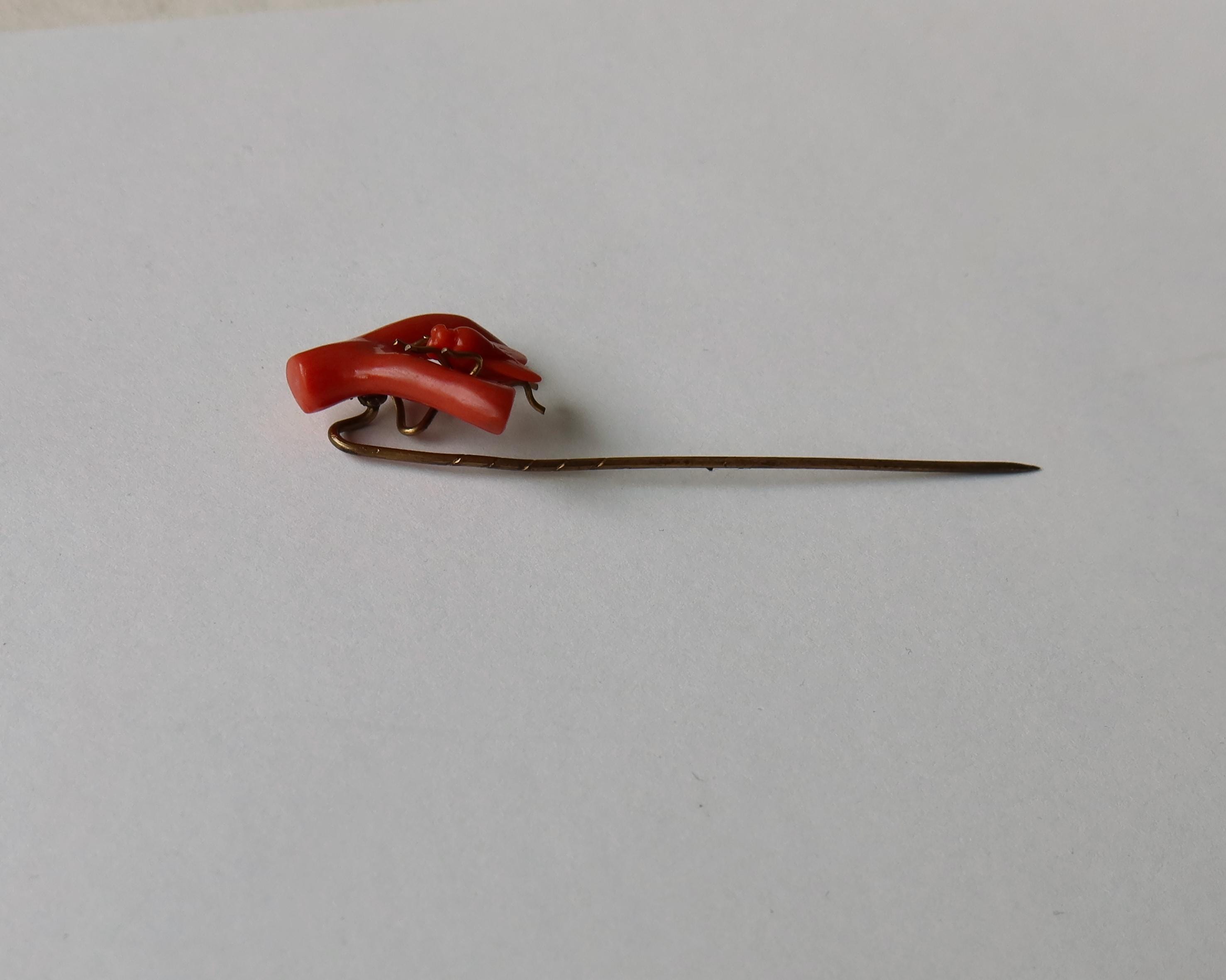 Antique Victorian Coral Fly Tie Pin, Natural Coral Insect Brooch