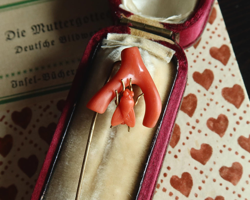 Antique Victorian Coral Fly Tie Pin, Natural Coral Insect Brooch