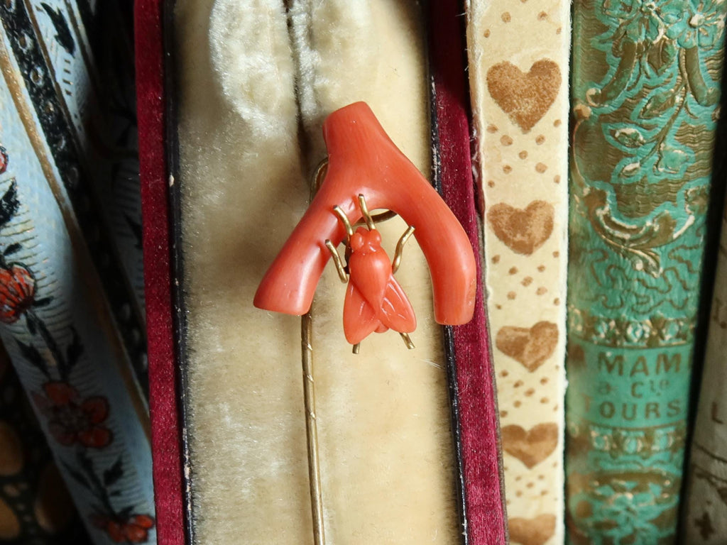 Antique Victorian Coral Fly Tie Pin, Natural Coral Insect Brooch