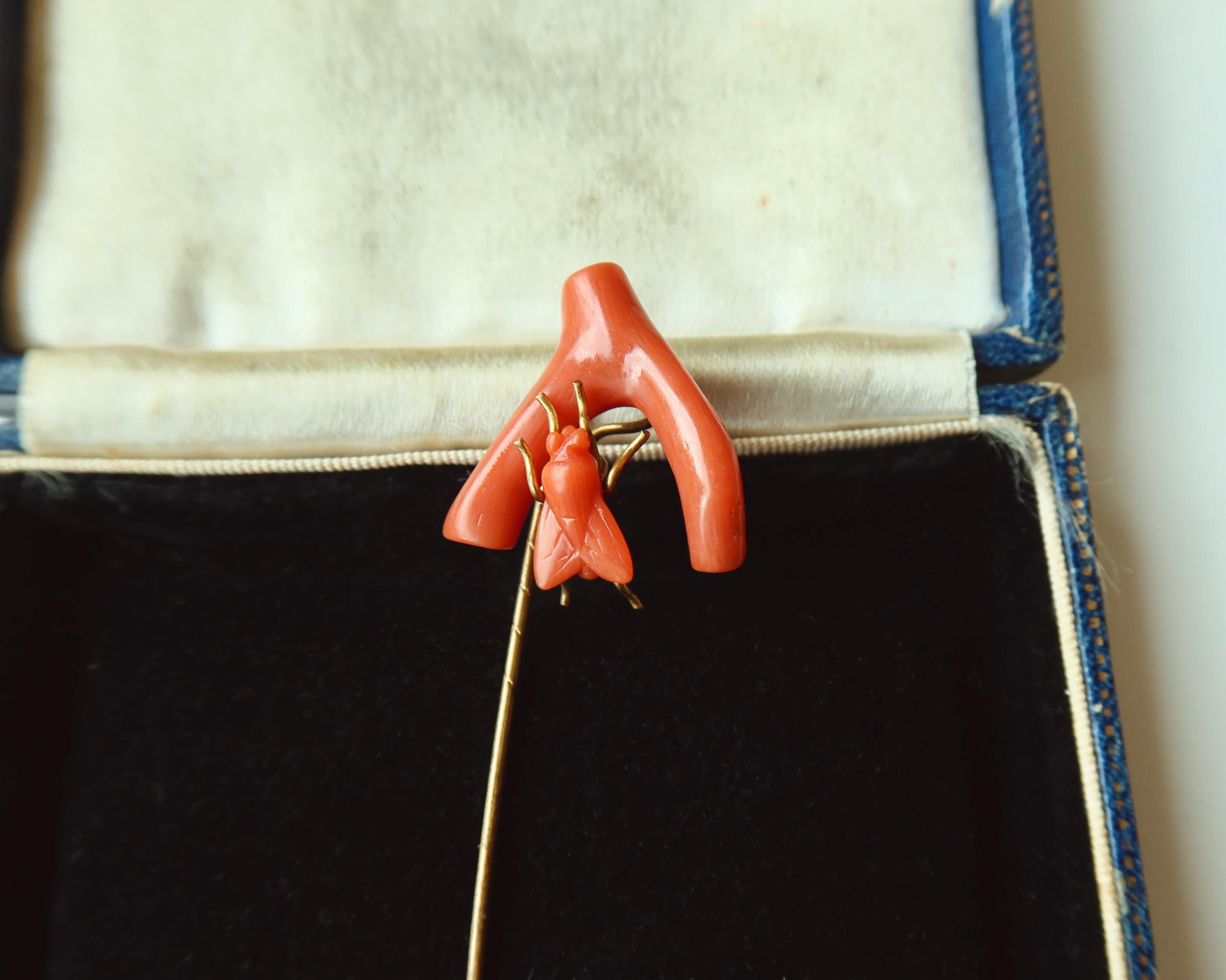 Antique Victorian Coral Fly Tie Pin, Natural Coral Insect Brooch