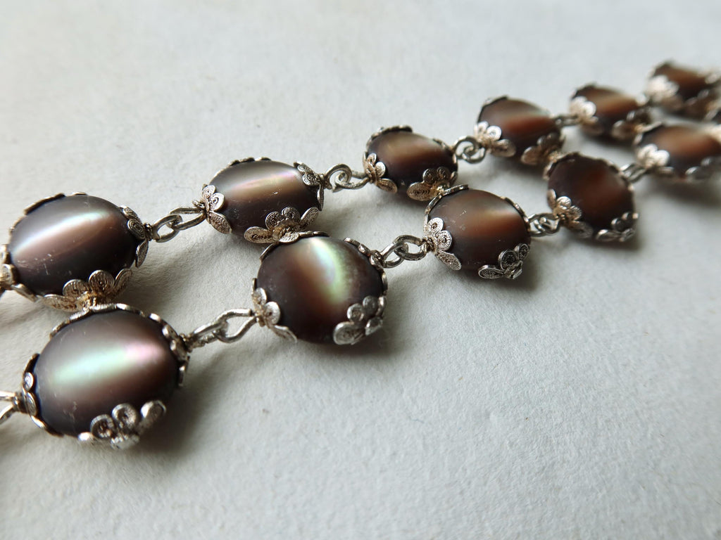 Antique Edwardian Bracelet, Black Mother-of-pearl and Silver, Early 1900s