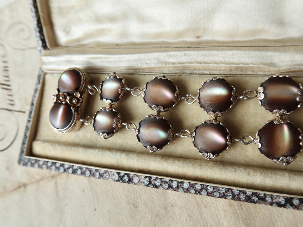Antique Edwardian Bracelet, Black Mother-of-pearl and Silver, Early 1900s