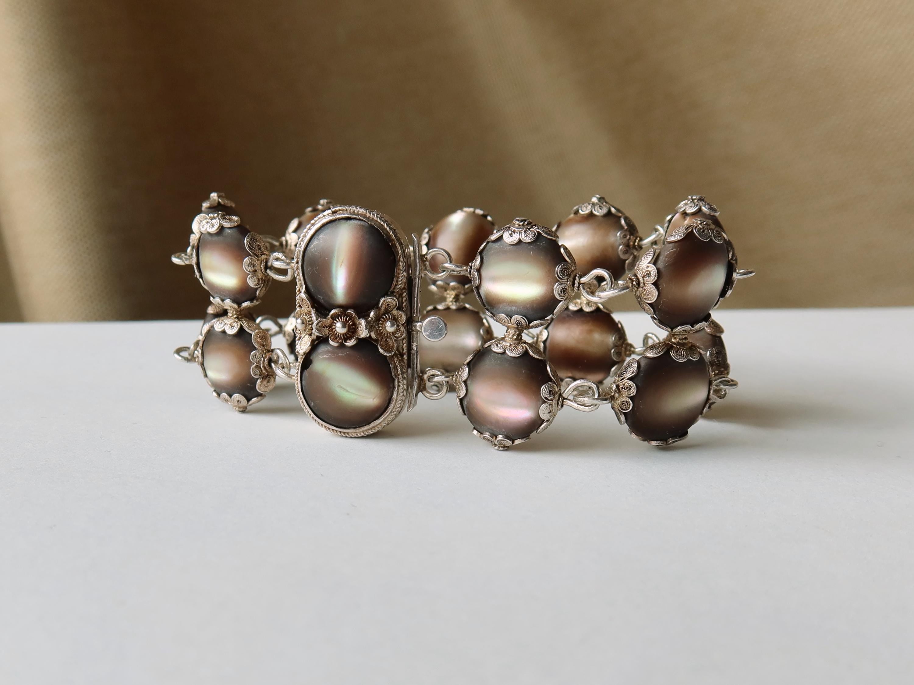 Antique Edwardian Bracelet, Black Mother-of-pearl and Silver, Early 1900s