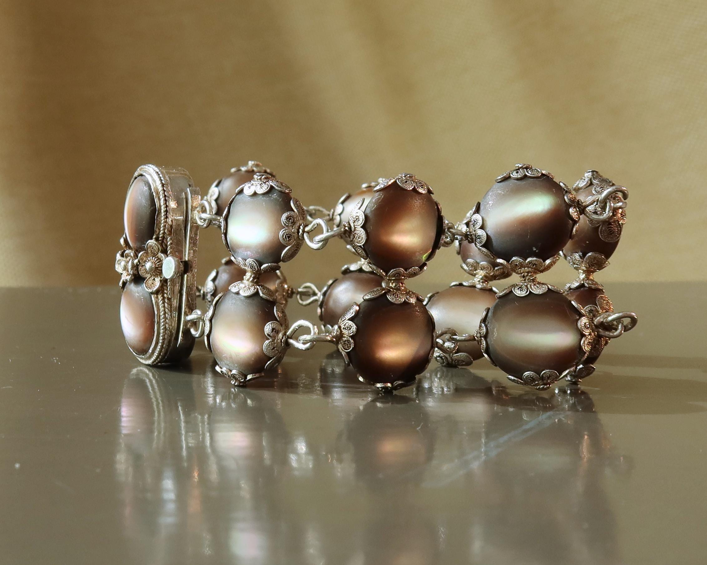 Antique Edwardian Bracelet, Black Mother-of-pearl and Silver, Early 1900s
