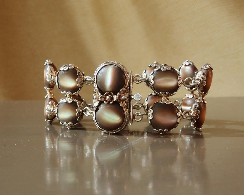 Antique Edwardian Bracelet, Black Mother-of-pearl and Silver, Early 1900s
