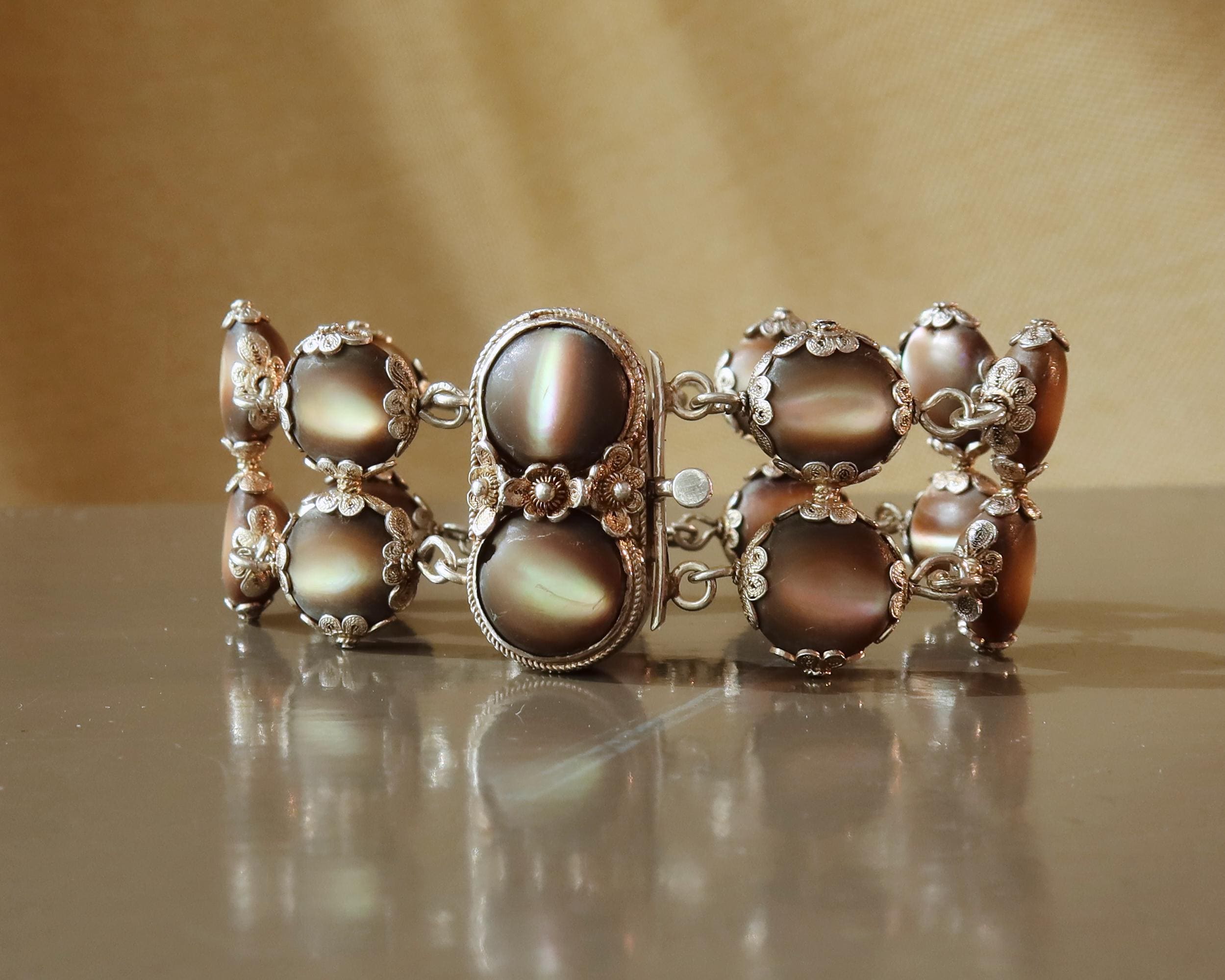 Antique Edwardian Bracelet, Black Mother-of-pearl and Silver, Early 1900s