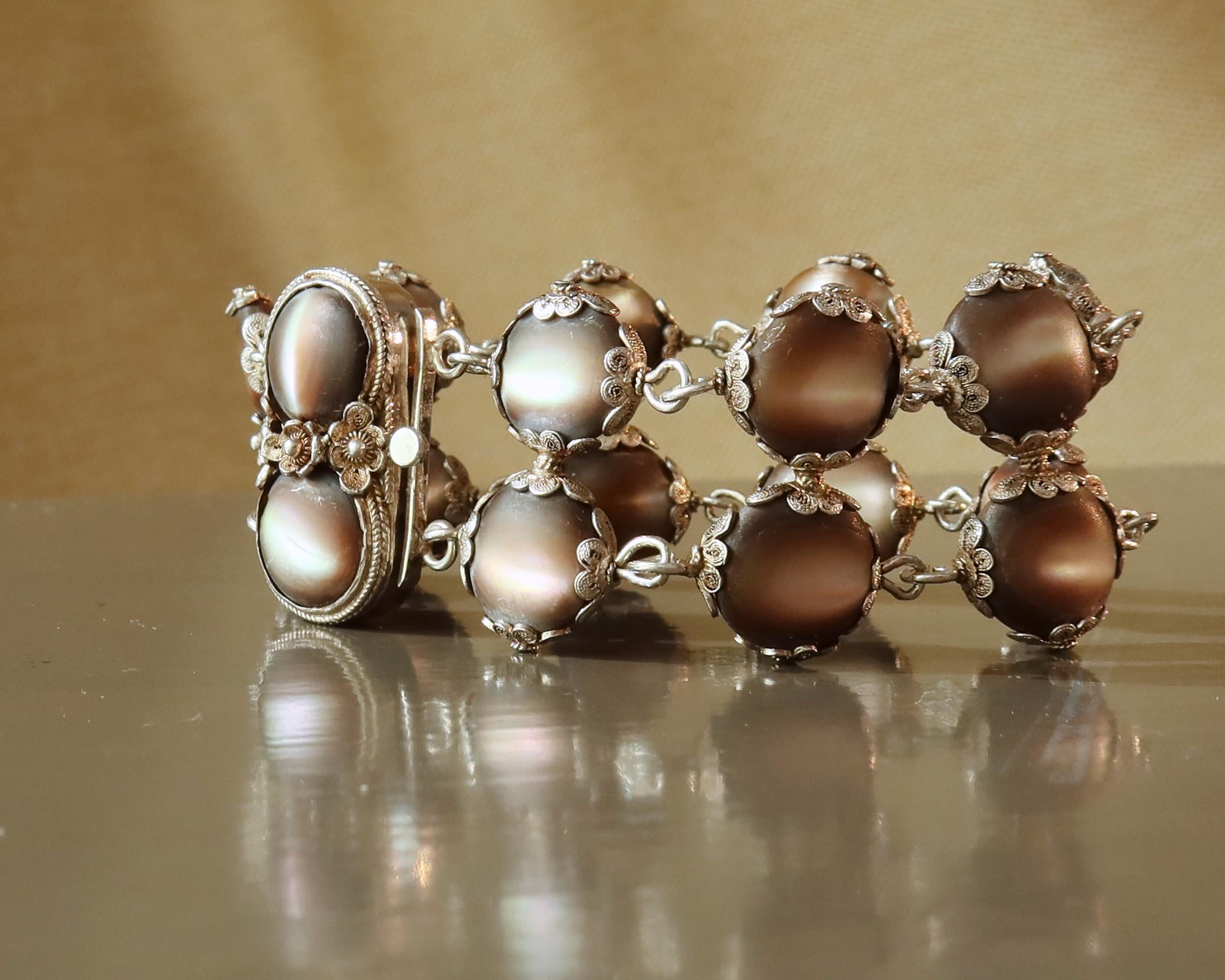 Antique Edwardian Bracelet, Black Mother-of-pearl and Silver, Early 1900s
