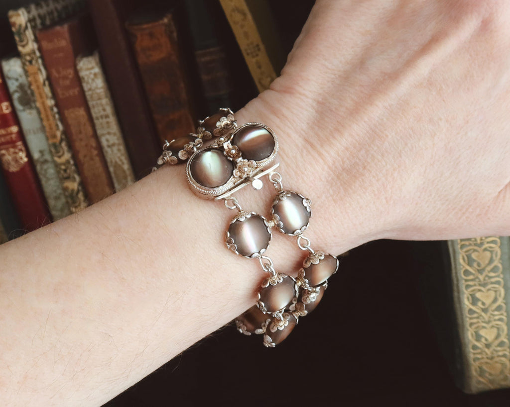 Antique Edwardian Bracelet, Black Mother-of-pearl and Silver, Early 1900s