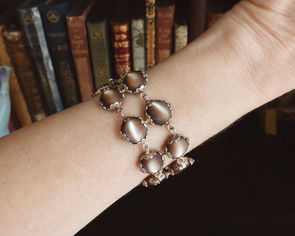 Antique Edwardian Bracelet, Black Mother-of-pearl and Silver, Early 1900s