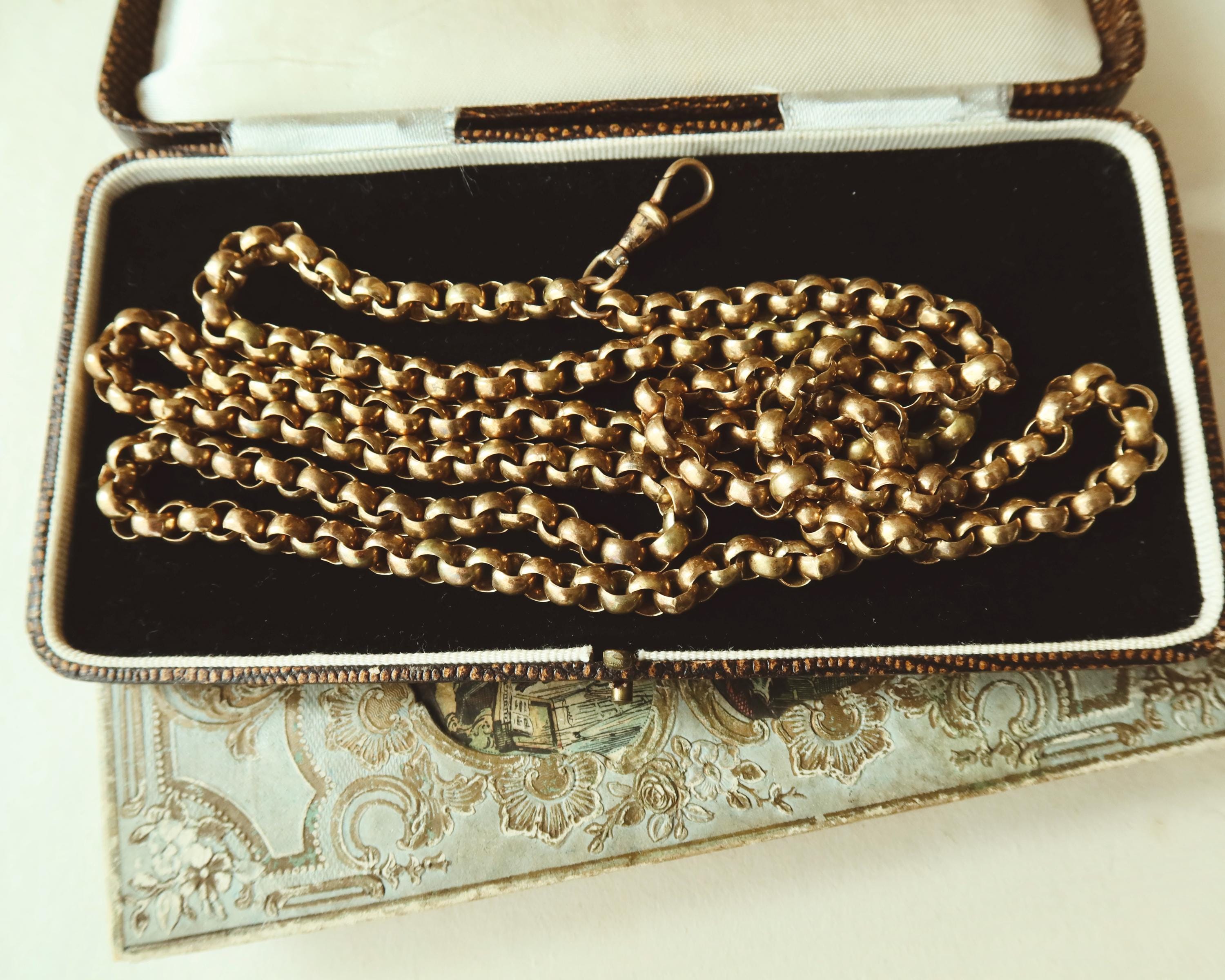 Antique Long Guard Chain, 36.2" Rose Gold Plated Edwardian Muff Chain