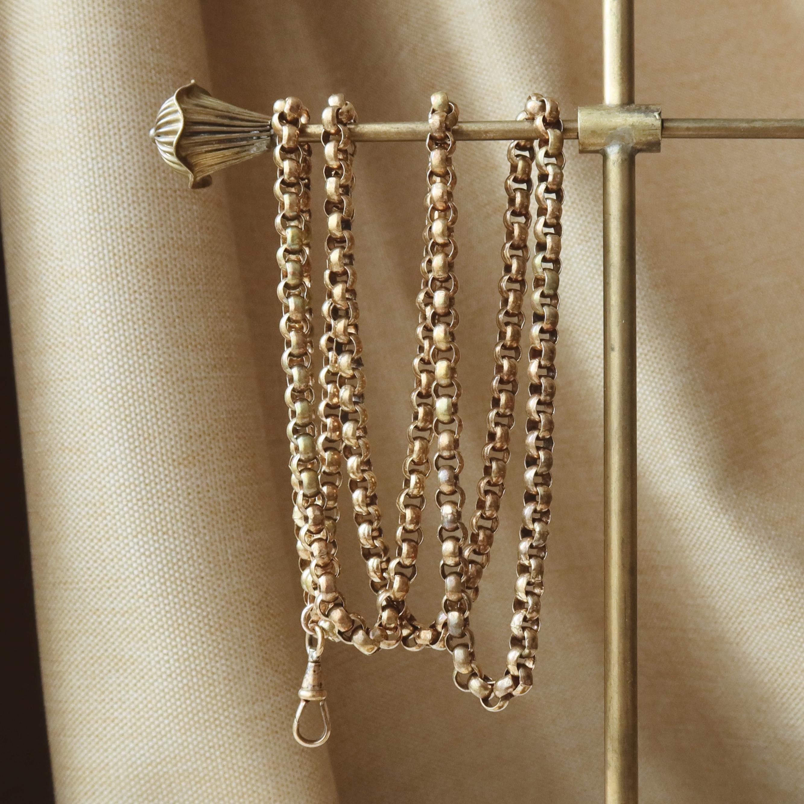 Antique Long Guard Chain, 36.2" Rose Gold Plated Edwardian Muff Chain
