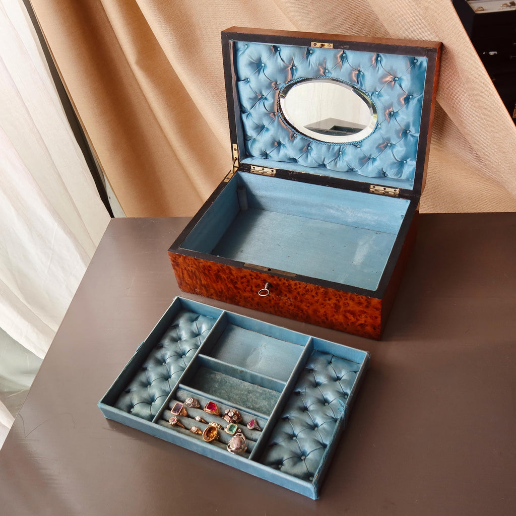 Antique Large Jewelry Box with Key, Mirror & Multi Ring Tray