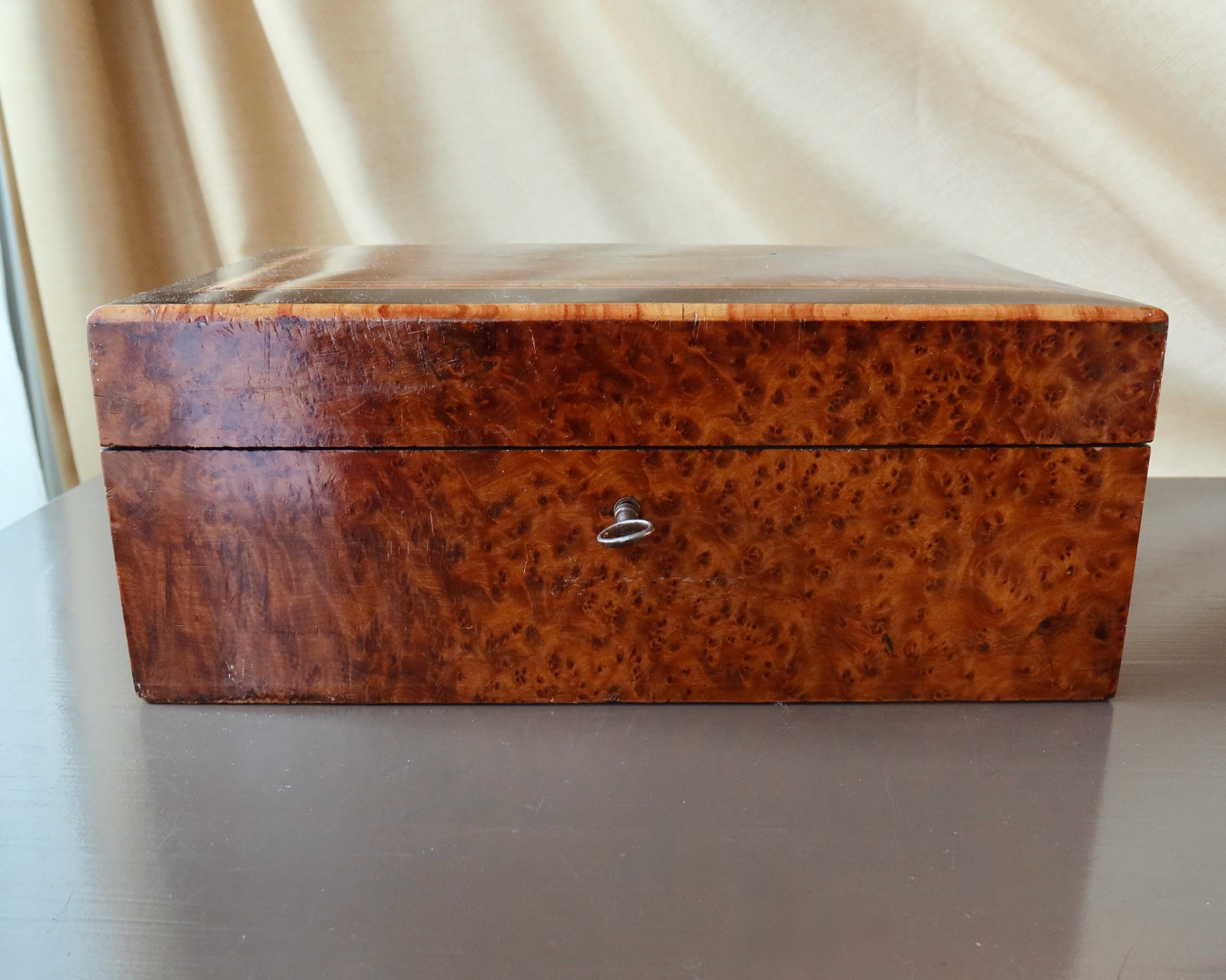 Antique Large Jewelry Box with Key, Mirror & Multi Ring Tray
