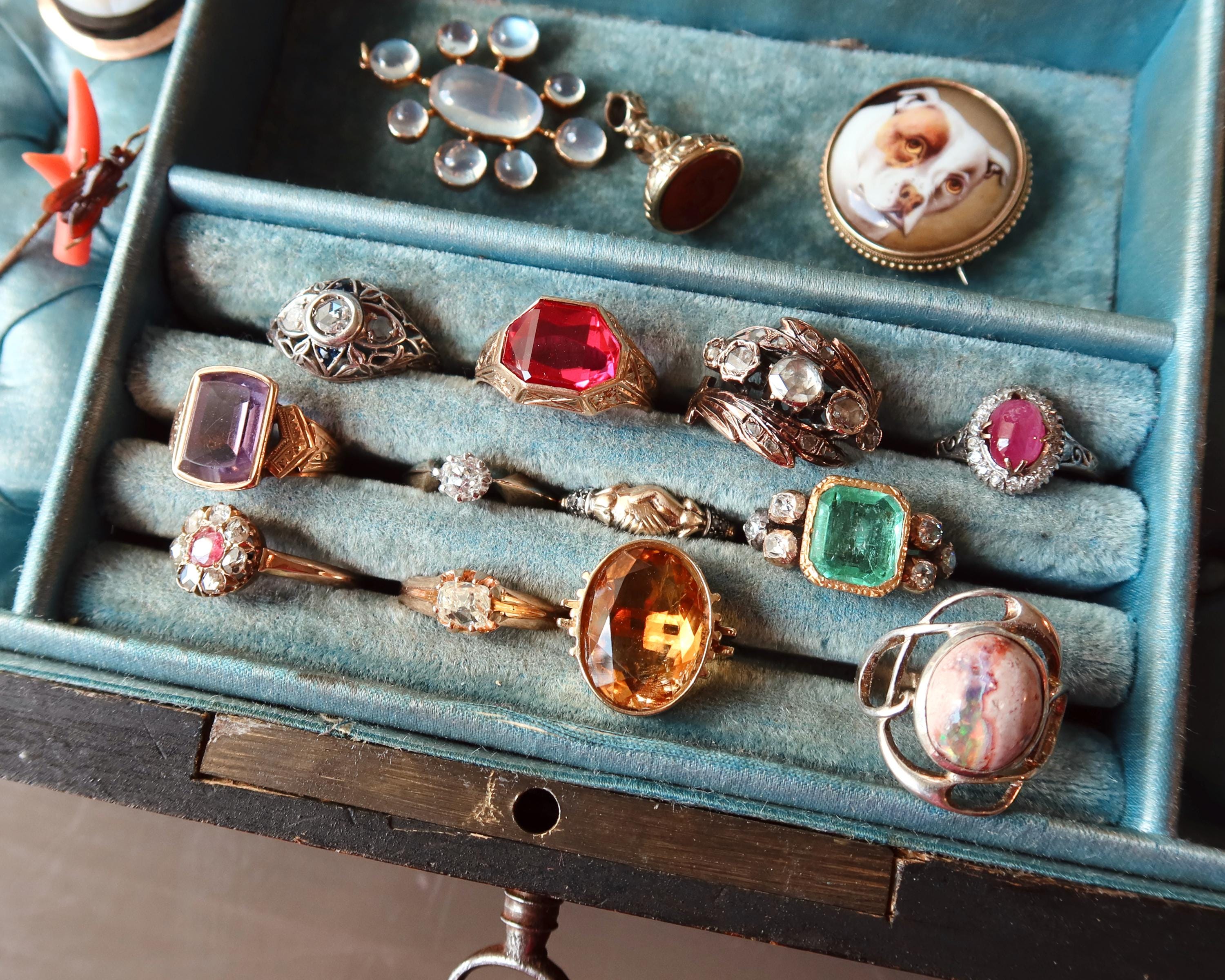 Antique Large Jewelry Box with Key, Mirror & Multi Ring Tray