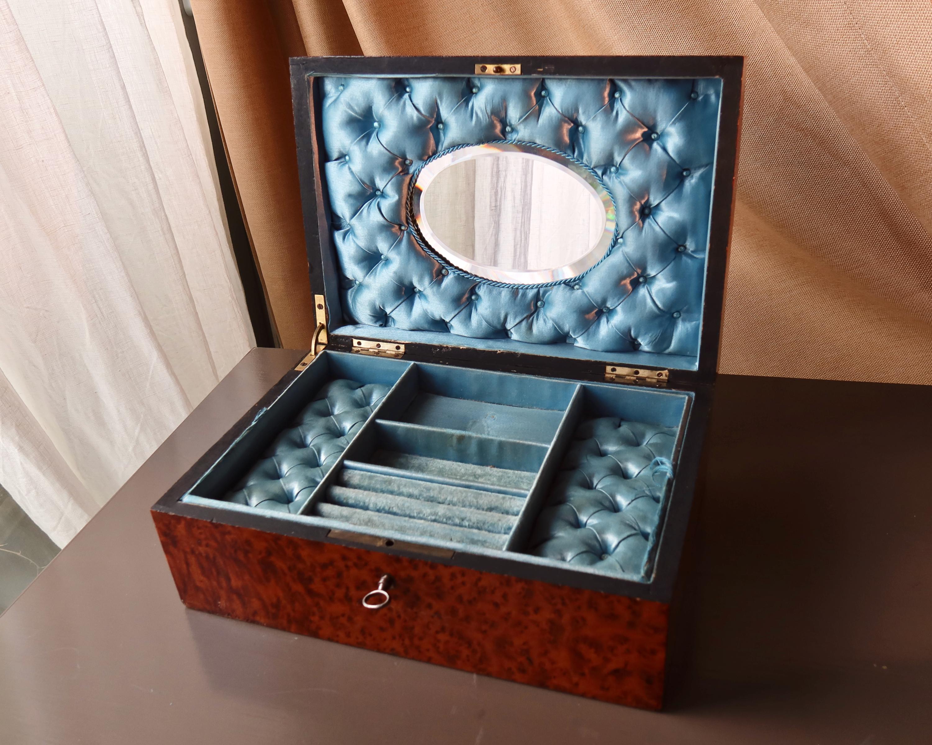 Antique Large Jewelry Box with Key, Mirror & Multi Ring Tray