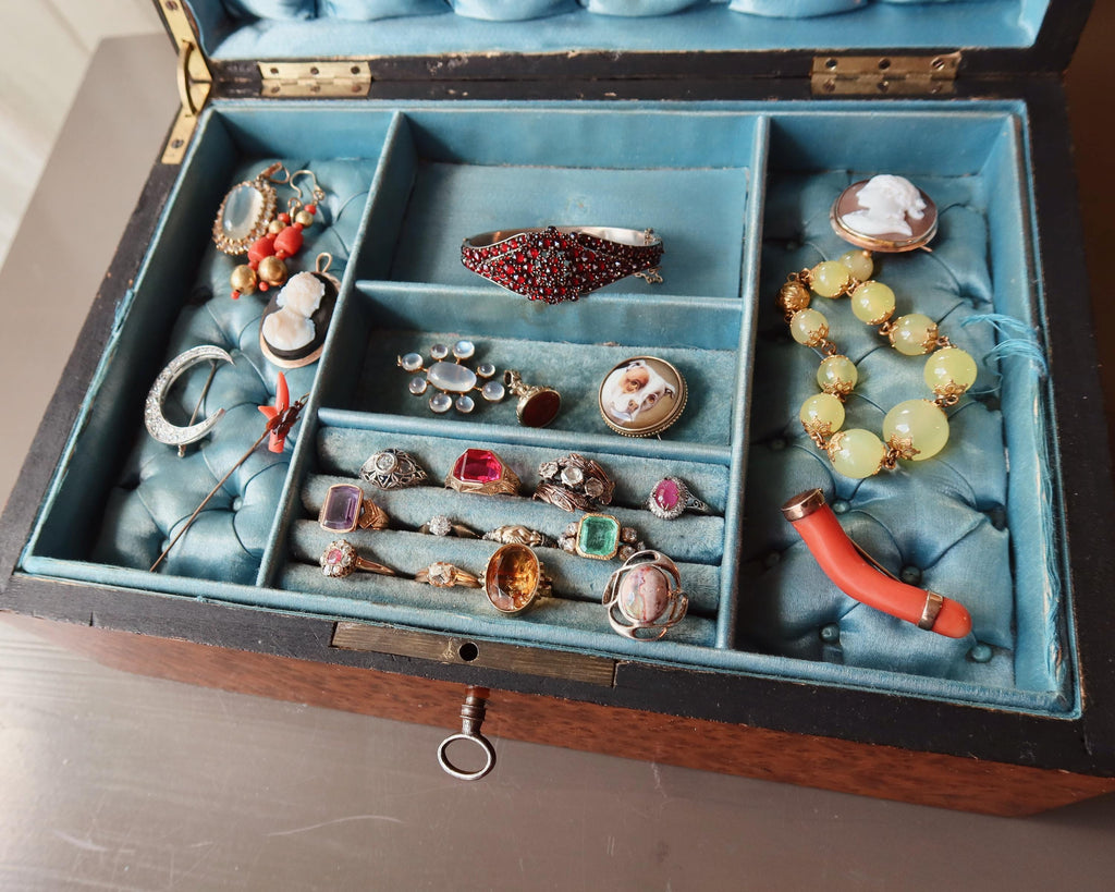 Antique Large Jewelry Box with Key, Mirror & Multi Ring Tray