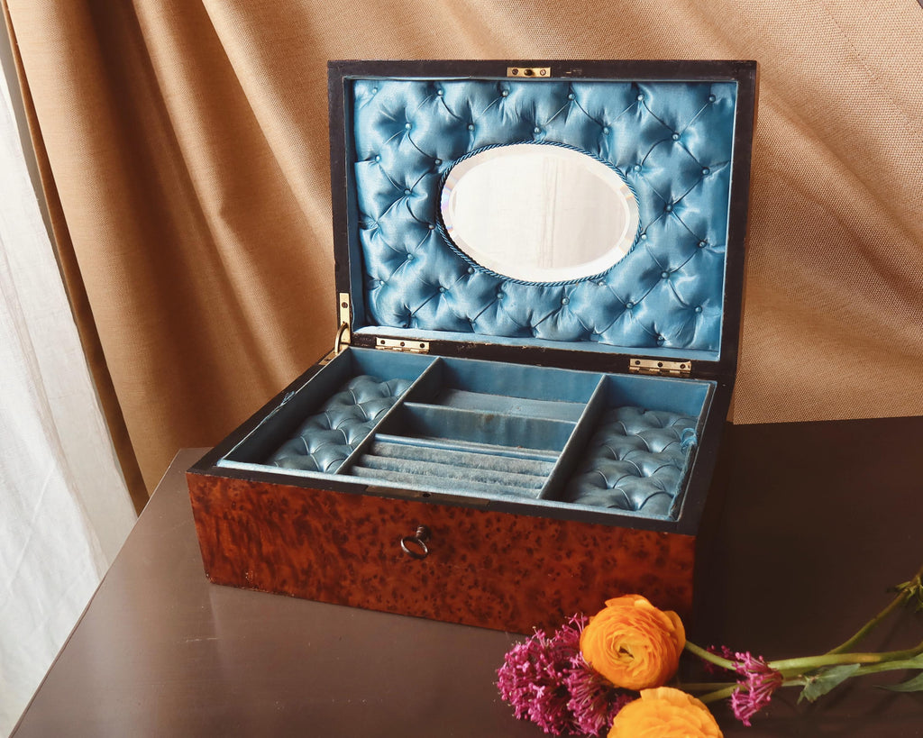 Antique Large Jewelry Box with Key, Mirror & Multi Ring Tray