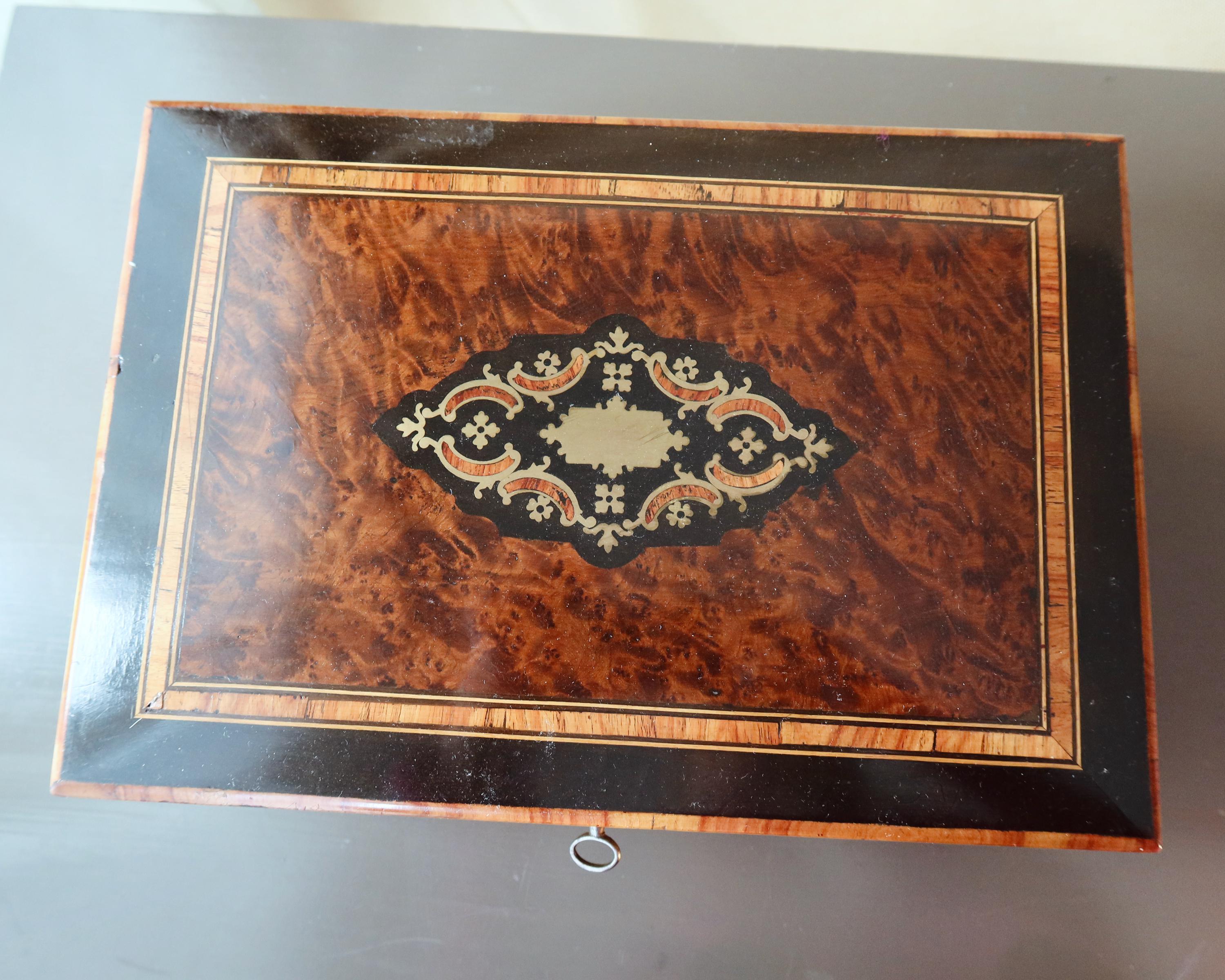 Antique Large Jewelry Box with Key, Mirror & Multi Ring Tray
