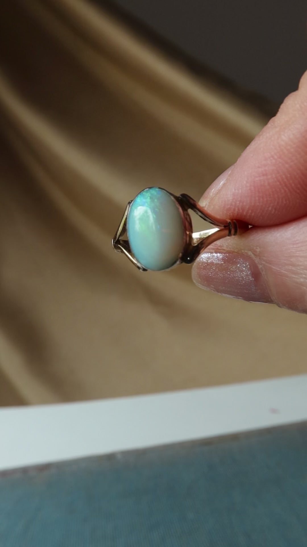 Antique Edwardian 9k Gold Natural Opal Ring, Oval Cabochon Opal