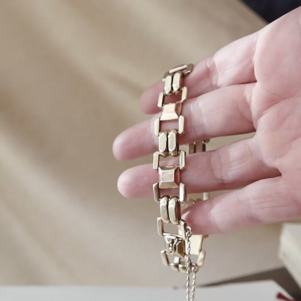 Vintage 14k Gold Tank Bracelet, Yellow and Rose Gold, Chunky Geometric Links, 1940s Style