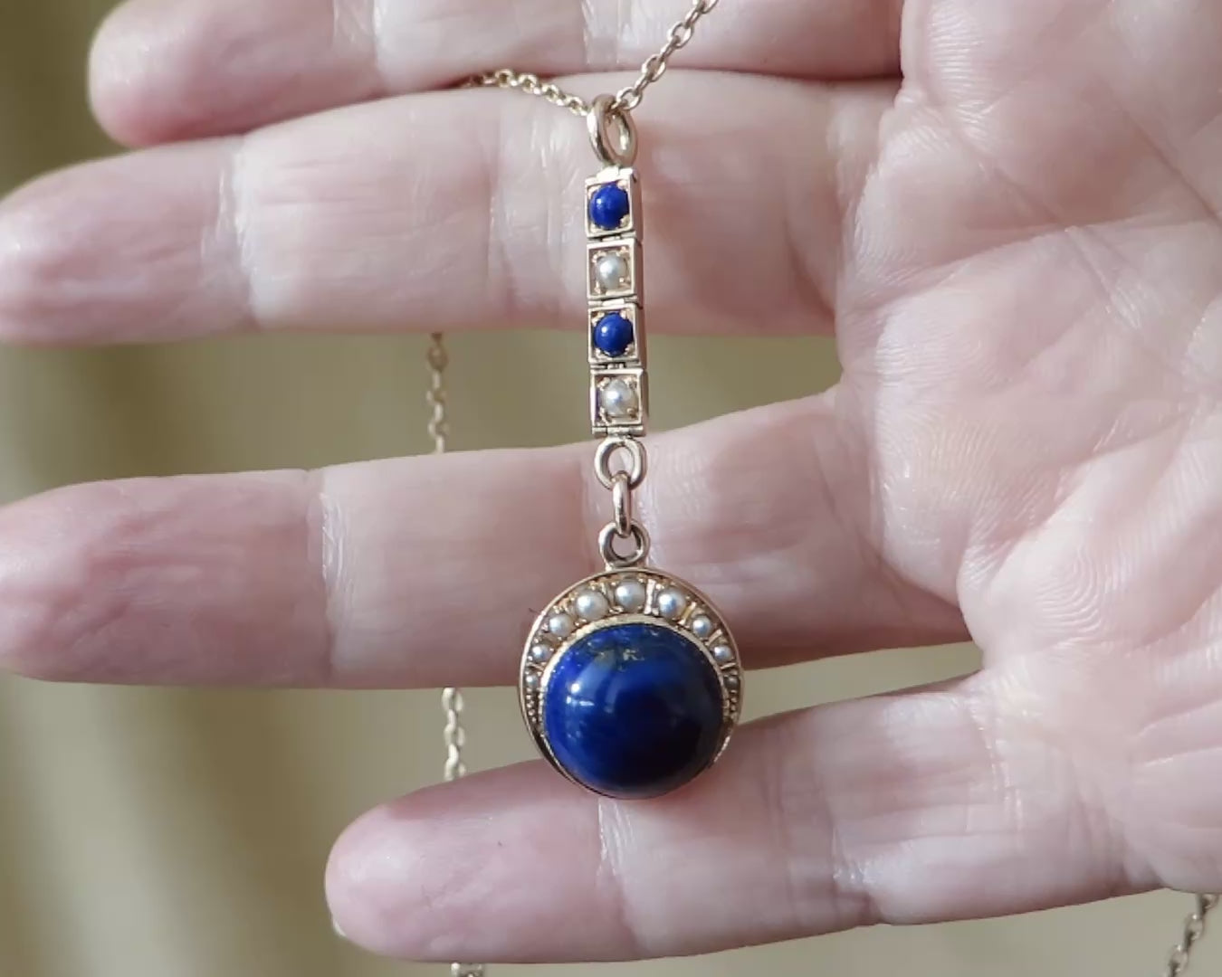 Antique Lapis Lazuli Lavalier Necklace, 15k Gold, Celestial Drop Pendant